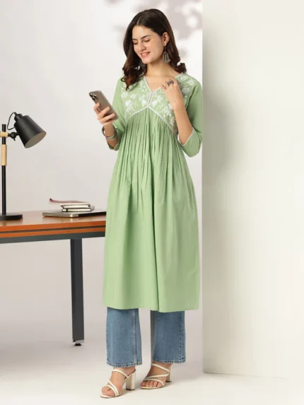 Pure Cotton Yoke Embroidered A-line Kurta