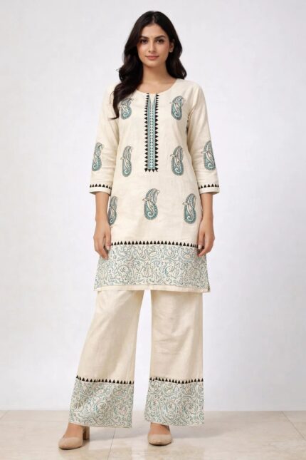 Classic Cream Ethnic Kurta & Palazzo Co-ord Set with Paisley Design