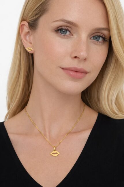 Trendy Golden Lip Charm Necklace & Earrings Set for Women