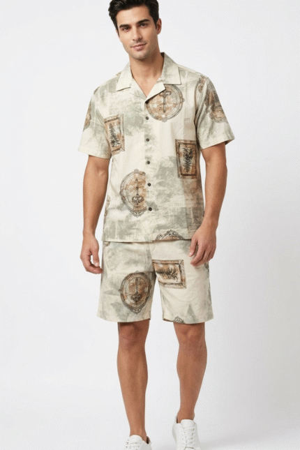 Men’s Printed  Co-Ord Set – Half Sleeve Button Down Shirt & Shorts
Casual Beach Vacation Outfit, Lightweight Fashion Matching Set