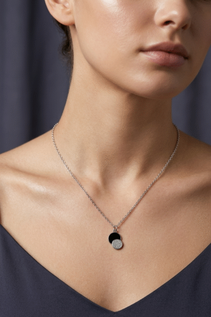 Sliver Double Disc Pendant Necklace
Black Enamel & Crystal Studded Elegant Chain for Women