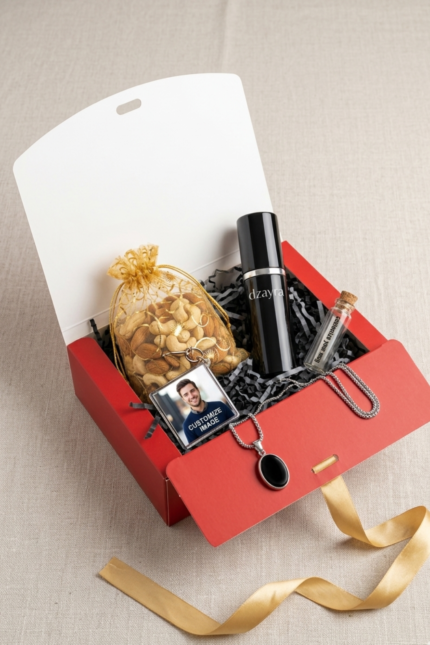 Premium Surprise Hamper Gift Box
Custom Photo Frame, Scent Bottle, Dry Fruits & Chain
