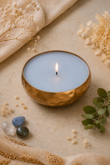 Blue Wax Candle in Golden Metal Bowl
Decorative Scented Modern Table Accent Candle for Home Decoration & Relaxation