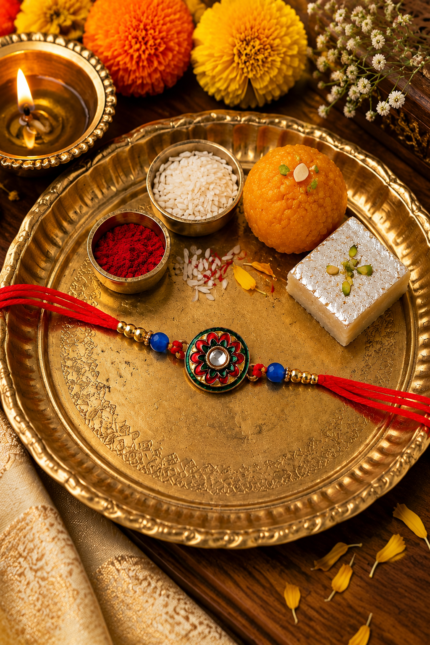 Festive Raksha Bandhan Rakhi with Decorative Round Motif, Beads and Sacred Red Thread