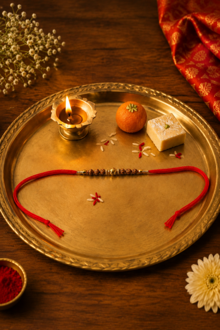 Elegant Red Thread Rakhi with Golden & Brown Beads | Traditional Designer Raksha Bandhan Sacred Thread for Brother