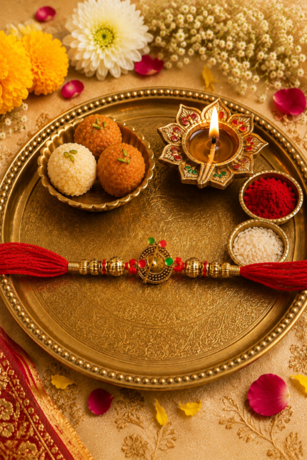 Traditional Golden-Tone Rakhi with Intricate Centerpiece, Red Thread, and Multicolor Stone Detailing for Festive Celebration Morpankh Charm
