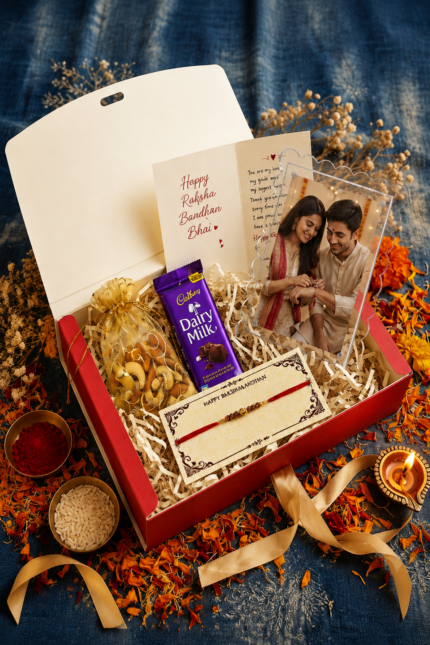 Personalized Rakhi Gift Box for Brother | Raksha Bandhan Hamper with Photo Frame, Dairy Milk & Dry Fruits