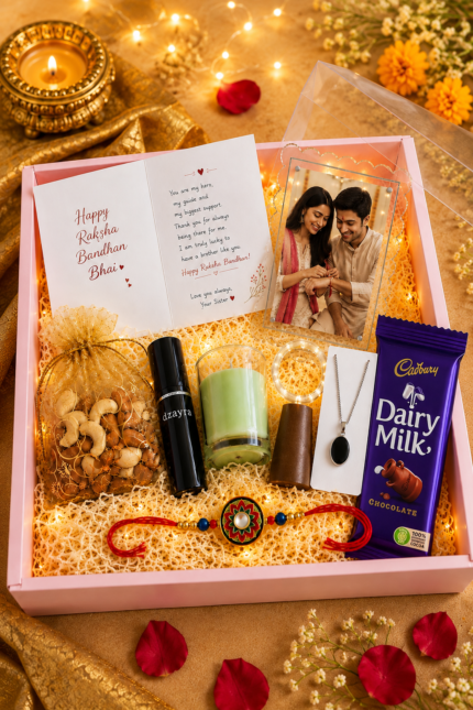Raksha Bandhan Gift Hamper for Brother | Premium Rakhi Gift Box with Candle, Dry Fruits, Chocolate, Photo Frame, Greeting Card & Necklace