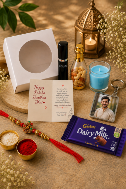 Personalized Rakhi Gift Box for Bhai – Photo Keychain, Chocolate & Dry Fruits
