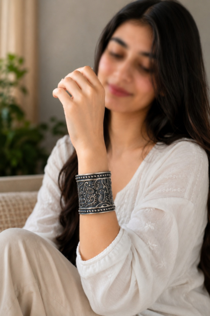 Oxidized Cuff Bracelet for Women | Adjustable Wide Bangle with Intricate Floral and Paisley Engraved Design